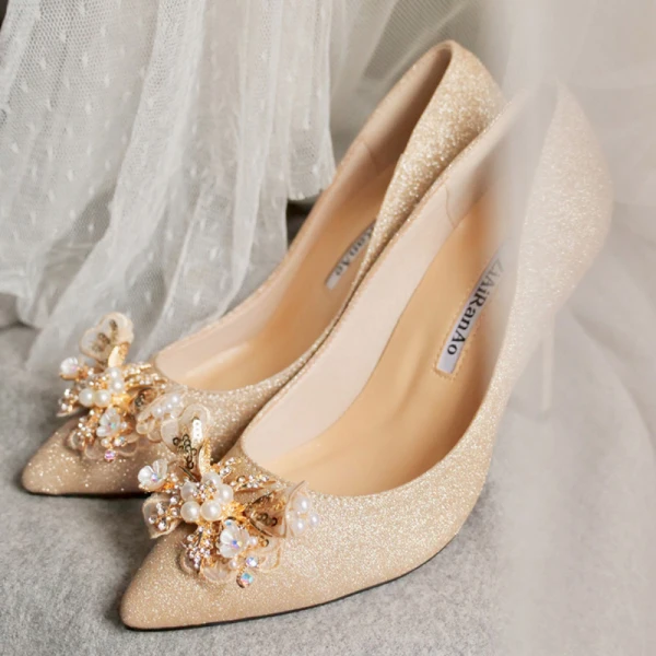 Glitter Charmant Goud Bruidsschoenen 2020 Leer Glans Pailletten Parel Rhinestone 6 cm Naaldhakken / Stiletto Spitse Neus Huwelijk Pumps