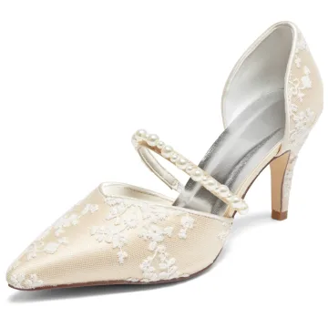 Elegant Champagne Pearl Lace Flower Wedding Shoes 2024 8 Cm Stiletto Heels Pointed Toe Wedding Sandals High Heels