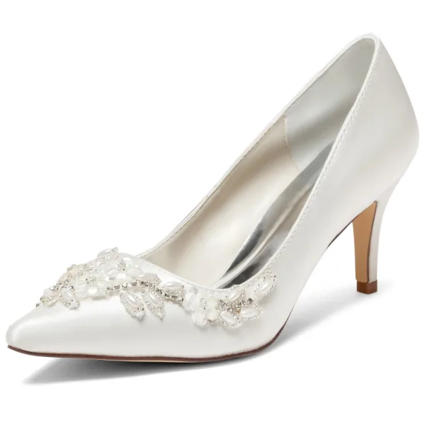 Élégant Ivoire Perle Faux Diamant Chaussure De Mariée 2024 8 cm Talons Aiguilles À Bout Pointu Mariage Escarpins Talons Hauts