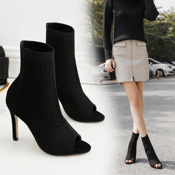 Chic / Beautiful Black Street Wear Knitting Womens Boots 2020 10 cm Stiletto Heels Open / Peep Toe Boots
