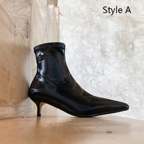 Fashion Black Street Wear Leather Womens Boots 2020 Ankle 5 cm Stiletto Heels Pointed Toe Boots