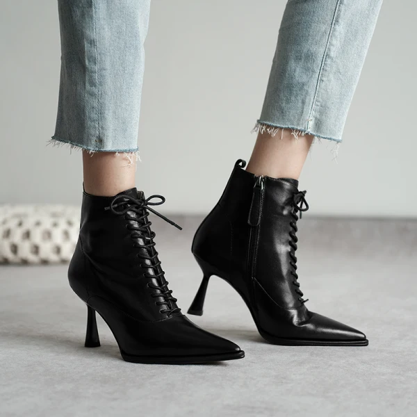 Fashion Winter Beige Street Wear Womens Boots 2020 Leather 7 cm Stiletto Heels Pointed Toe Boots