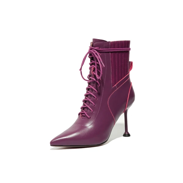 Klassieke Winter Paarse Toevallig Leer Dames Laarzen 2020 8 cm Naaldhakken / Stiletto Spitse Neus Laarzen