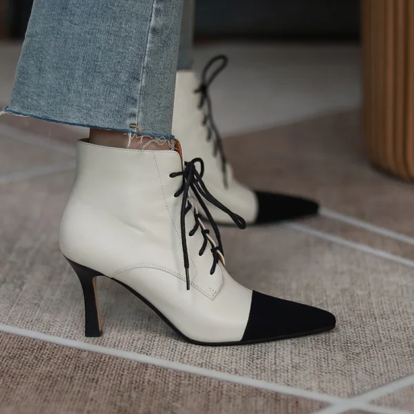 Chic / Beautiful Beige Casual Two Tone Womens Boots 2020 Leather 8 cm Stiletto Heels Pointed Toe Boots