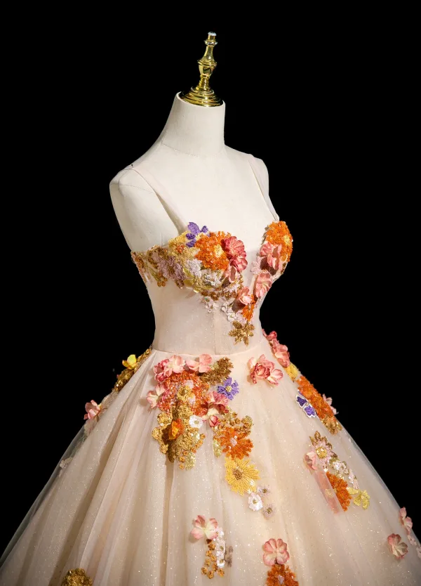 Flower Fairy Champagne Lace Flower Appliques Prom Dresses 2025 Ball Gown Spaghetti Straps Sleeveless Backless Formal Dresses