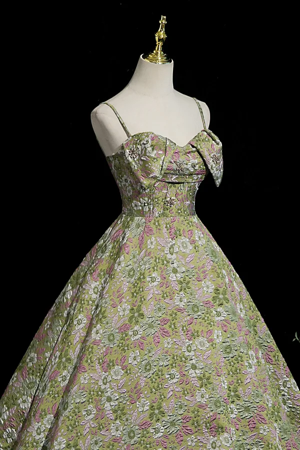Flower Fairy Sage Green Pearl Rhinestone Lace Flower Floral Prom Dresses 2025 Ball Gown Spaghetti Straps Sleeveless Backless Floor-Length / Long Formal Dresses