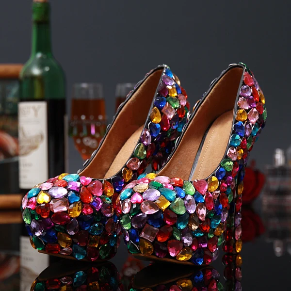 Sexy Multi-Colors Crystal Rhinestone Rave Club Pumps 2020 Leather Waterproof 14 cm Stiletto Heels Pointed Toe Pumps