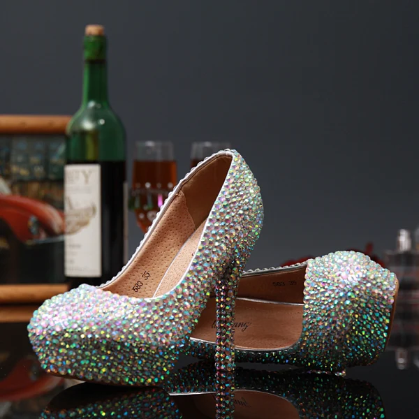 Glitzernden Charmant Multifarben Strass Karneval Club Pumps 2020 Leder Wasserdichte 14 cm Stilettos Spitzschuh Pumps