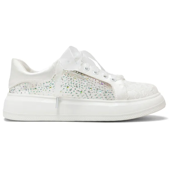 Elegante Ivoor Rhinestone Kant Strik Sportschoenen 2024 4 cm Plateau Ronde Neus Bruidsschoenen