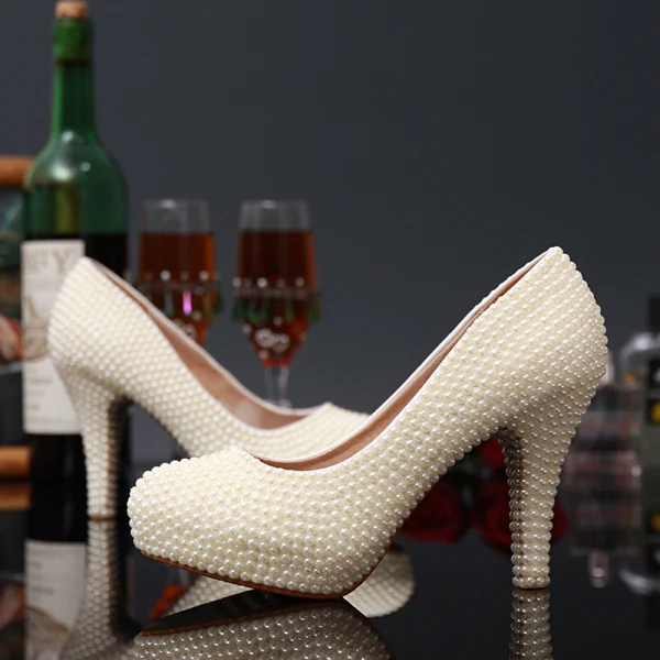 Charmant Ivoire Club de carnaval Perle Escarpins 2020 Cuir 14 cm Talons Aiguilles Imperméables À Bout Pointu Escarpins