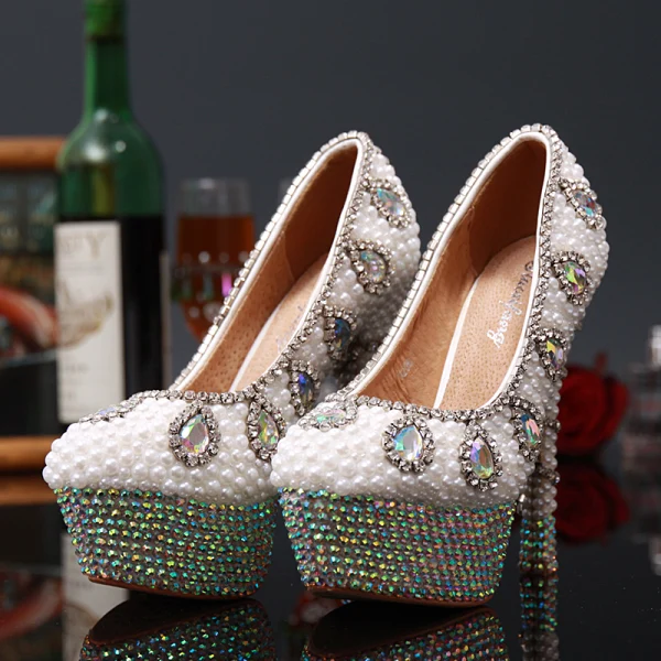 Charming Chic / Beautiful Ivory Pearl Crystal Wedding Shoes 2020 Rhinestone Leather Waterproof 14 cm Stiletto Heels Pointed Toe Wedding Pumps
