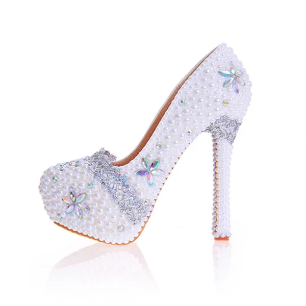 Charming Ivory Pearl Rhinestone Wedding Shoes 2020 Leather Waterproof 14 cm Stiletto Heels Pointed Toe Wedding Pumps