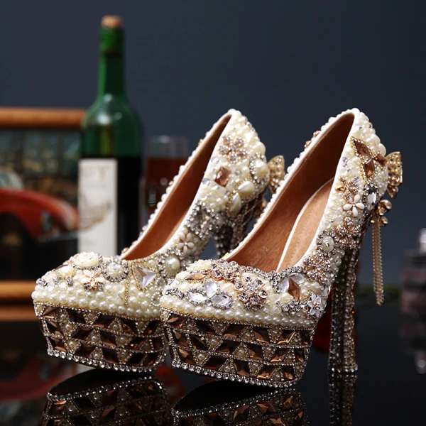 Stunning Luxury / Gorgeous Pearl Rhinestone Wedding Shoes 2020 Leather Waterproof 14 cm Stiletto Heels Round Toe Wedding Pumps