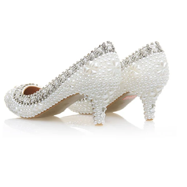 Élégant Ivoire Perle Faux Diamant Chaussure De Mariée 2020 Cuir 6 cm Talons Aiguilles À Bout Pointu Mariage Escarpins