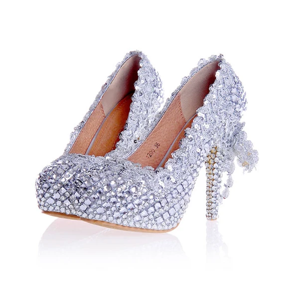 Charming Silver Rhinestone Wedding Shoes 2020 Leather Waterproof 12 cm Stiletto Heels Pointed Toe Wedding Pumps