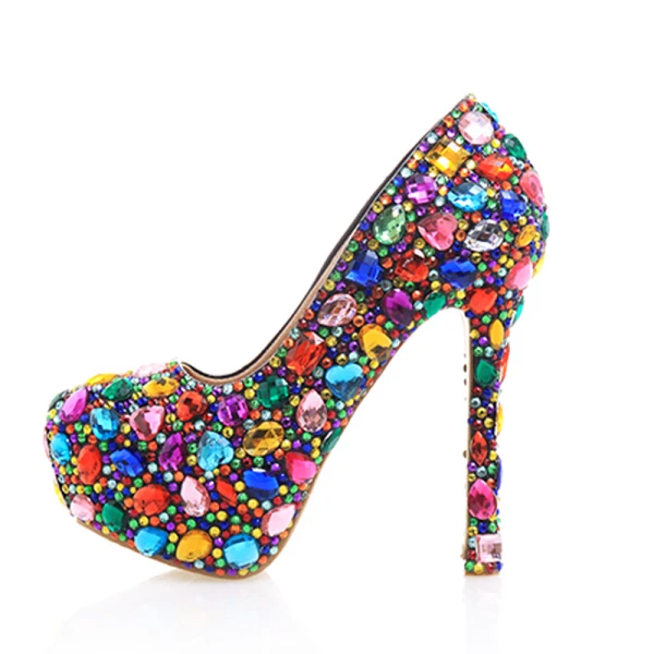Amazing / Unique Multi-Colors Crystal Rave Club Pumps 2020 Leather Waterproof 14 cm Stiletto Heels Pointed Toe Pumps