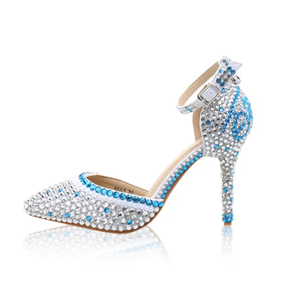 Sexy Silver Evening Party Rhinestone Womens Sandals 2020 Ankle Strap 10 cm Stiletto Heels Pointed Toe Sandals
