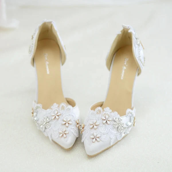 Elegant White Lace Flower Wedding Shoes 2020 Rhinestone 8 cm Stiletto Heels Pointed Toe Wedding Heels