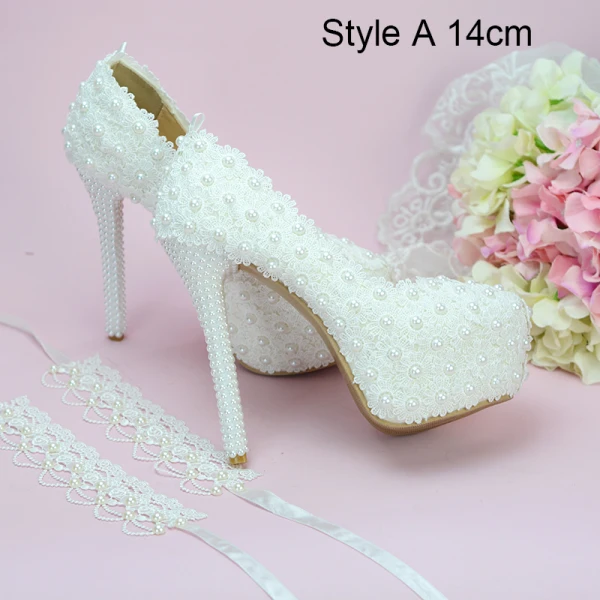 Classic Ivory Lace Flower Wedding Shoes 2020 Pearl 14 cm Stiletto Heels Round Toe Wedding Pumps