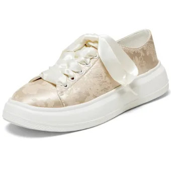 Elegant Champagne Printing Wedding Sneakers 2024 4 Cm Platform Round Toe Wedding Shoes
