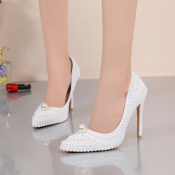 Charming Ivory Handmade Pearl Wedding Shoes 2020 11 cm Stiletto Heels Pointed Toe Wedding Pumps