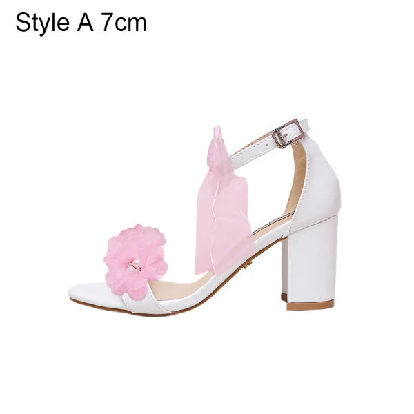 Schöne Rosa Brautschuhe 2020 Knöchelriemen Schleife Blumen 7 cm Thick Heels Peeptoes Hochzeit Sandaletten