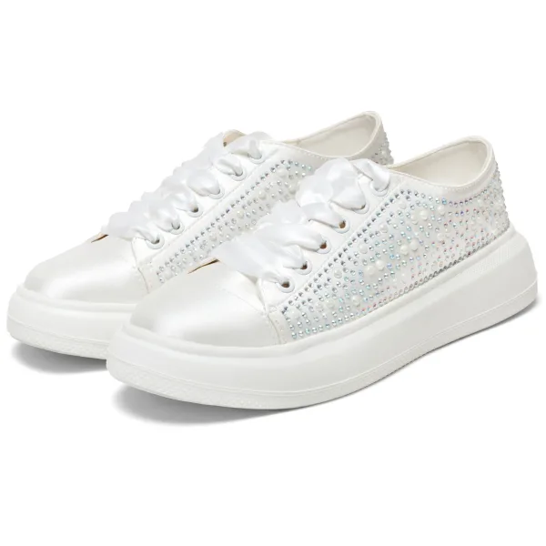 Mode Ivoor Rhinestone Huwelijk Sportschoenen 2024 4 cm Plateau Ronde Neus Bruidsschoenen