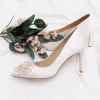 Élégant Blanche Perle Chaussure De Mariée 2020 Cuir 7 cm Talons Aiguilles À Bout Pointu Mariage Escarpins