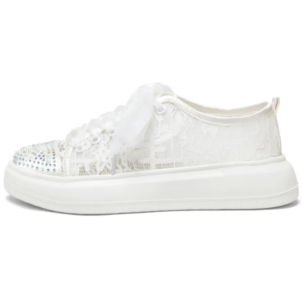 Elegant Ivory Lace Flower Rhinestone Wedding Sneakers 2024 4 cm Platform Round Toe Wedding Shoes