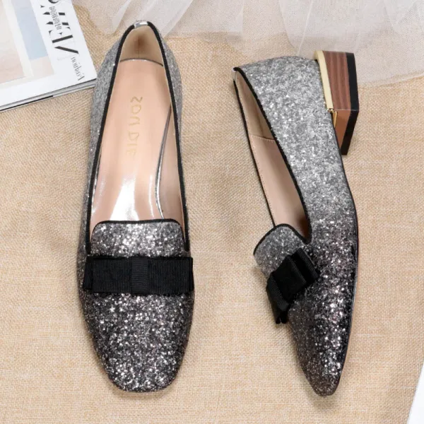 Fashion Silver Black Street Wear Sequins Pumps 2020 Bow 3 cm Thick Heels Low Heel Pointed Toe Pumps