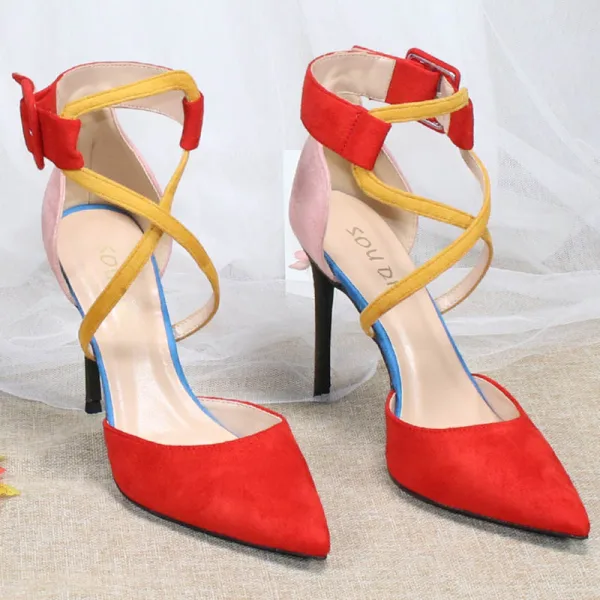 Mooie / Prachtige Oranje Straatkleding Suede Sandalen Dames 2020 X-Strap 10 cm Naaldhakken / Stiletto Spitse Neus Sandalen