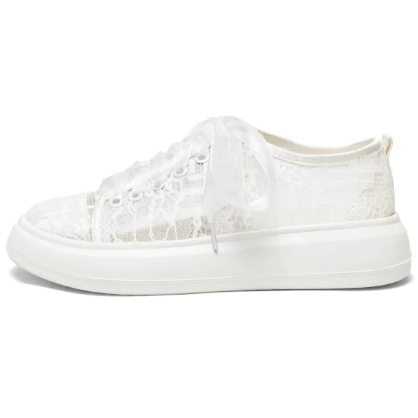 Stilig Elfenben Rosett Spets Blomma Bröllop Sneakers 2024 4 cm Platåskor Pande Zote Toe Brudskor