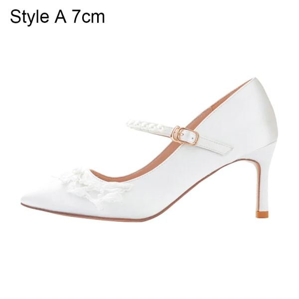 Elegant White Satin Wedding Shoes 2020 Pearl Lace Flower 7 cm Stiletto Heels Pointed Toe Wedding Pumps