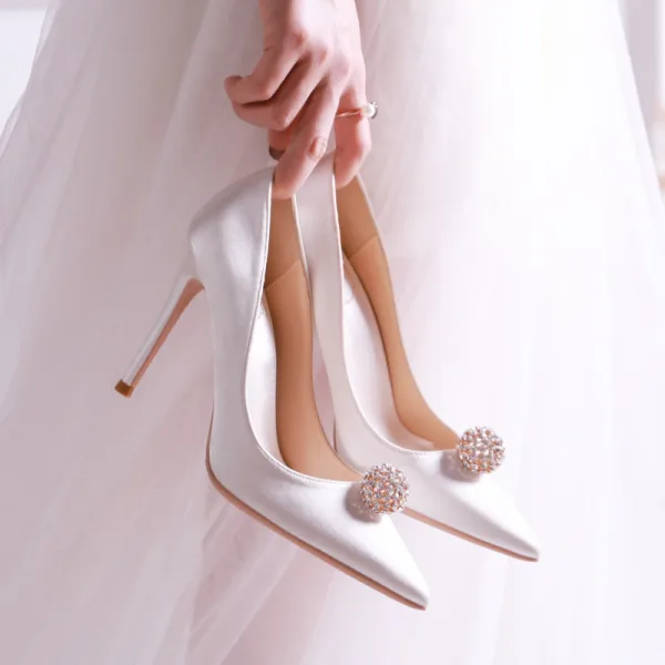 Chic / Beautiful White Rhinestone Wedding Shoes 2020 Leather 10 cm Stiletto Heels Pointed Toe Wedding Pumps