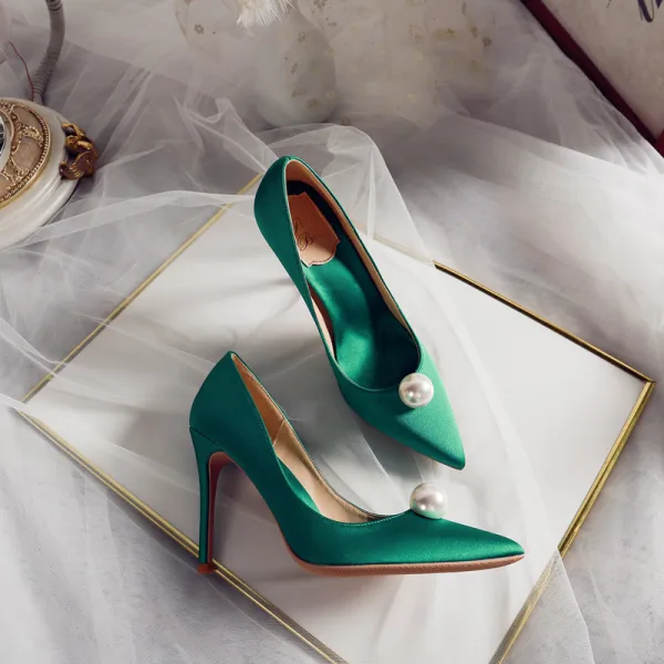 Chic Ivoire Perle Chaussure De Mariée 2020 Cuir 10 cm Talons Aiguilles À Bout Pointu Mariage Escarpins