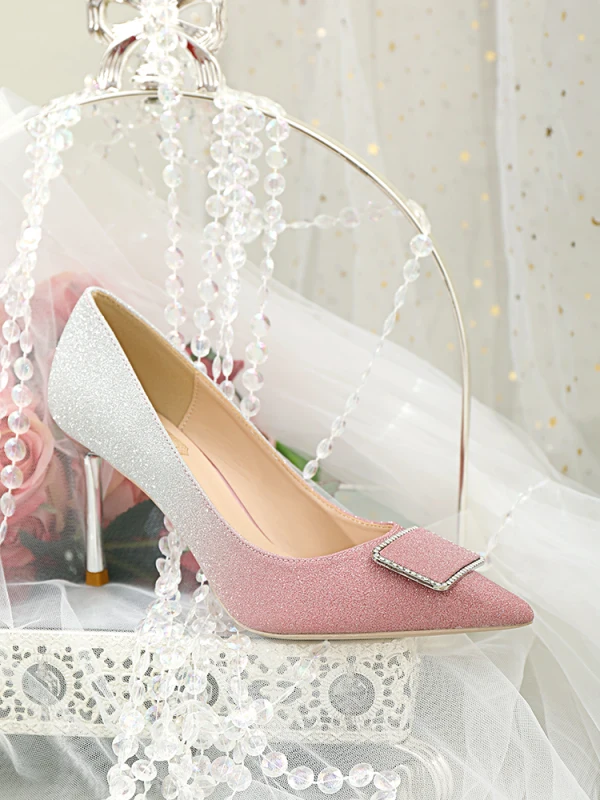 Uroczy Rumieniąc Różowy Cekiny Buty Ślubne 2020 Rhinestone 8 cm Szpilki Szpiczaste Ślub Czółenka