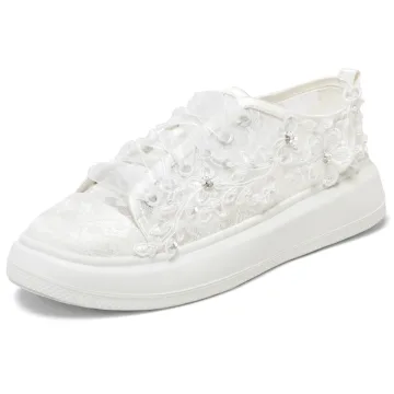 Eleganta Elfenben Rhinestone Spets Blomma Bröllop Sneakers 2024 4 Cm Platåskor Pande Zote Toe Brudskor