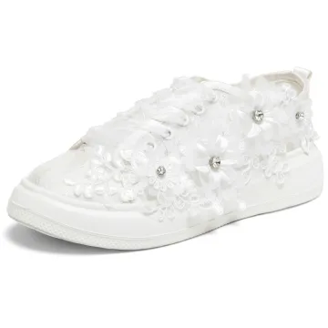 Mode Ivoire En Dentelle Fleur Appliques Faux Diamant Mariage Baskets 2024 4 Cm Plateforme À Bout Rond Chaussure De Mariée