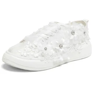 Mode Ivory Creme Spitze Blumen Applikationen Strass Hochzeit Turnschuhe 2024 4 Cm Plateau Runde Zeh Brautschuhe