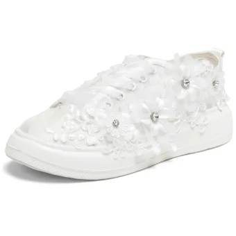 Fashion Ivory Lace Flower Appliques Rhinestone Wedding Sneakers 2024 4 Cm Platform Round Toe Wedding Shoes