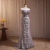 High-end Grey Handmade  Beading Pearl Sequins Feather Evening Dresses 2024 Trumpet / Mermaid Strapless Sleeveless Backless Evening Party Floor-Length / Long Formal Dresses