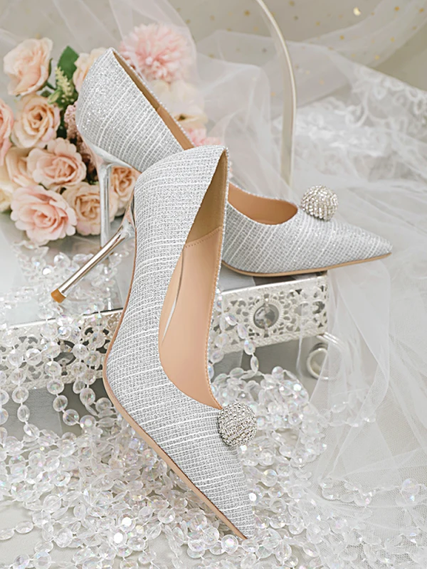 Charmig Silver Glittriga / Glitter Rhinestone Brudskor 2020 10 cm Stilettklackar Spetsiga Bröllop Pumps