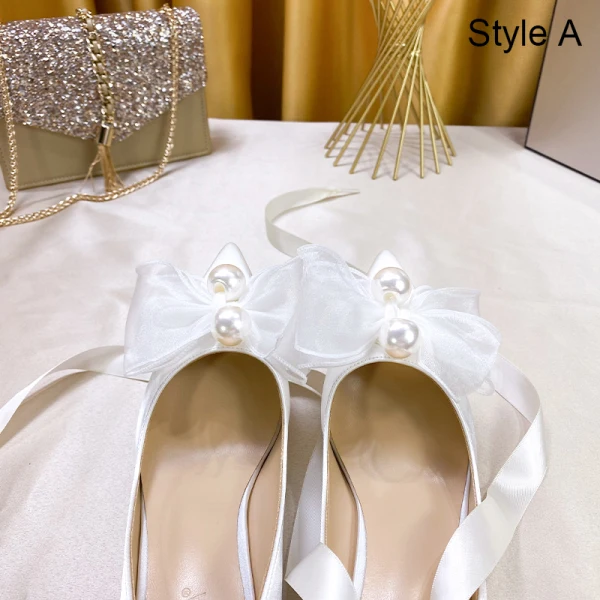 Chic / Beautiful Ivory Satin Wedding Shoes 2020 Pearl 8 cm Stiletto Heels Pointed Toe Wedding Pumps
