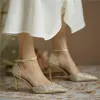 Charmant Goud Parel Rhinestone Bruidsschoenen 2020 Leer Enkelband 7 cm Naaldhakken / Stiletto Spitse Neus Huwelijk Hakken