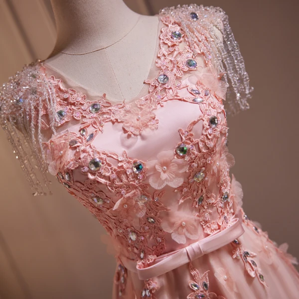 Chic / Beautiful Blushing Pink Beading Appliques Lace Flower Prom Dresses 2024 A-Line / Princess V-Neck Sleeveless Backless Floor-Length / Long Prom Formal Dresses