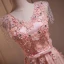 Chic / Beautiful Blushing Pink Beading Appliques Lace Flower Prom Dresses 2024 A-Line / Princess V-Neck Sleeveless Backless Floor-Length / Long Prom Formal Dresses
