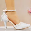Modern / Fashion White Wedding Shoes 2018 Ankle Strap Pearl Bow 9 cm Stiletto Heels Pointed Toe Wedding Pumps