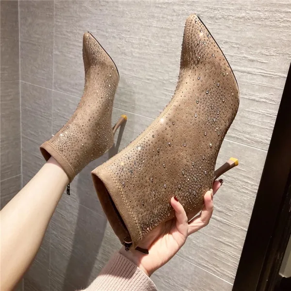 Fashion Black Street Wear Rhinestone Womens Boots 2020 8 cm Stiletto Heels Pointed Toe Boots