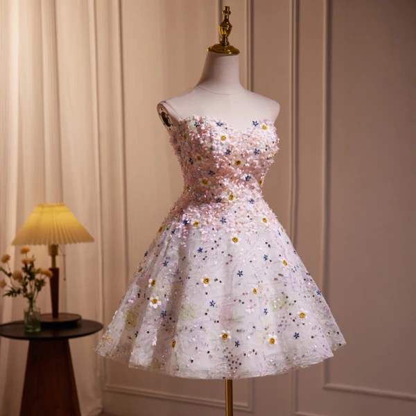 Fée Des Fleurs Rougissant Rose Paillettes Appliques Courte Robe De Bal 2024 Bustier Sans Manches Dos Nu Promo Robe De Ceremonie