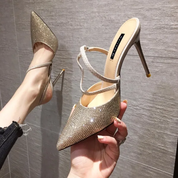 Sexy Black Evening Party Rhinestone Slingbacks Womens Sandals 2020 8 cm Stiletto Heels Pointed Toe Sandals